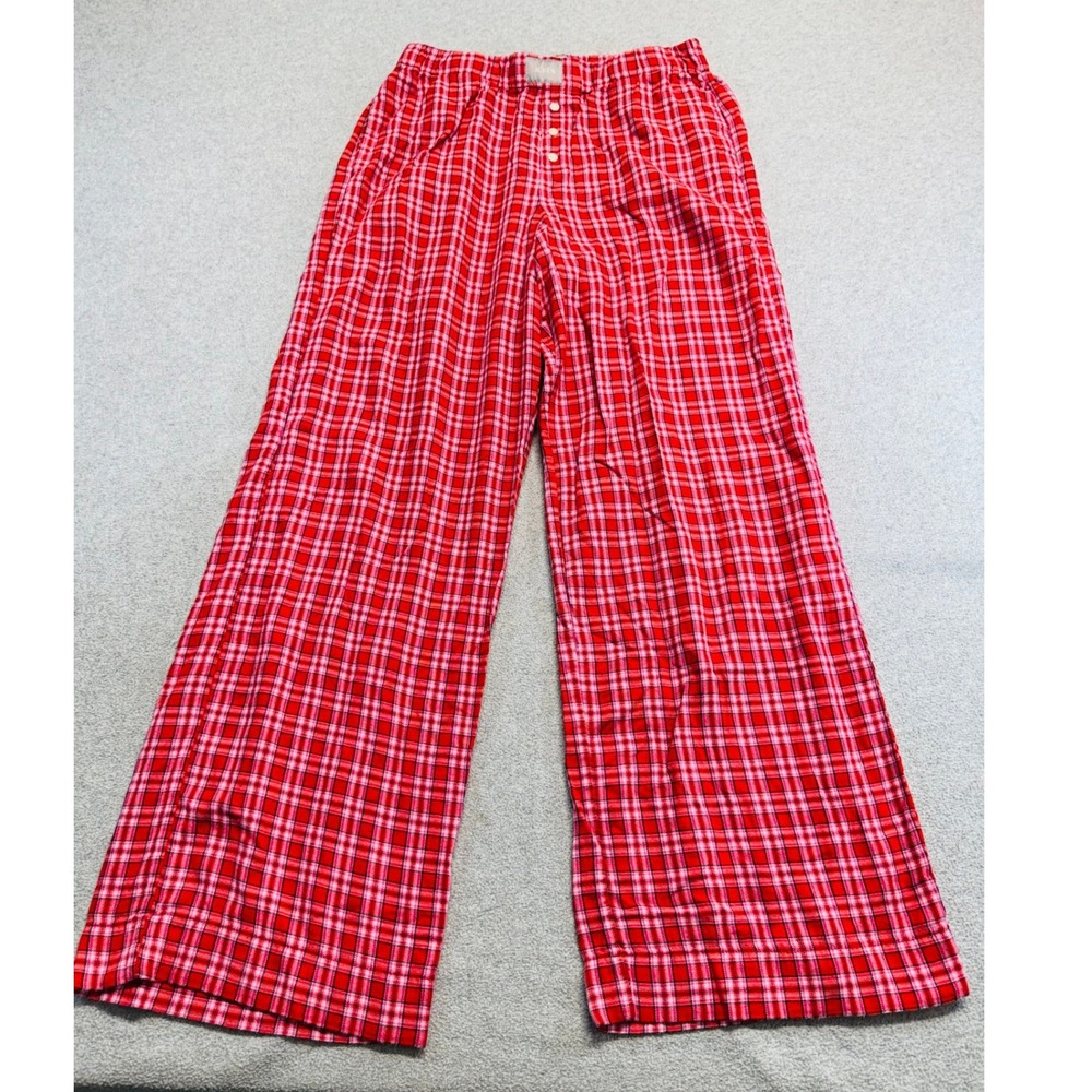 J Crew Womens XS Red Pink Plaid Pajama Pants Flannel Lounge Wide Leg Cozy Preppy